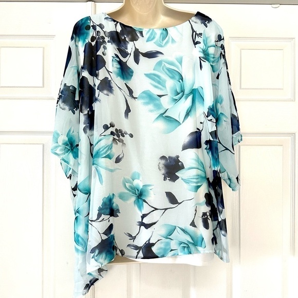 AVENUE Plus Two Layer Lined Top Short Sleeve Navy Turquoise Flowers on White NEW - Picture 6 of 6